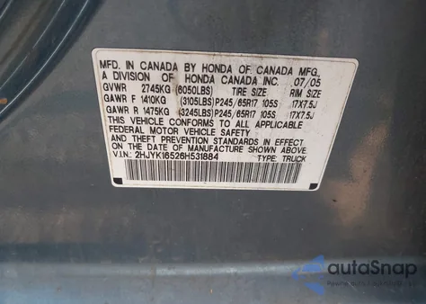 2006 Honda Ridgeline Rtl из США, поврежденный, VIN 2HJYK16526H531884